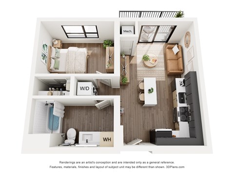 Floor plan for 1 bed, 1 bath